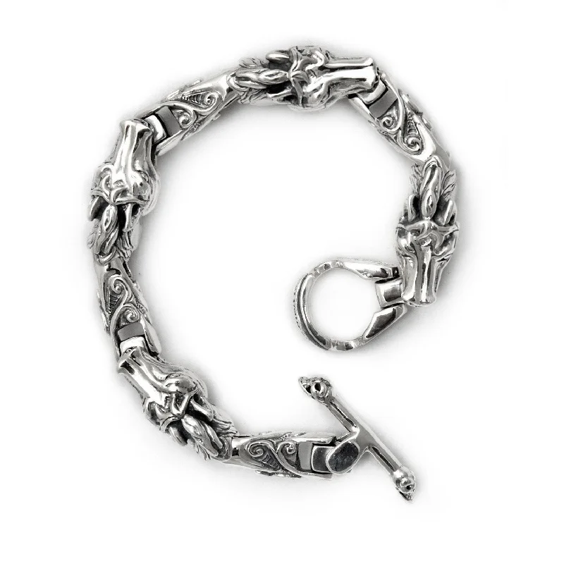 silver bracelet with engravable plate-Alternating Wave and Horse U-joint Links Bracelet