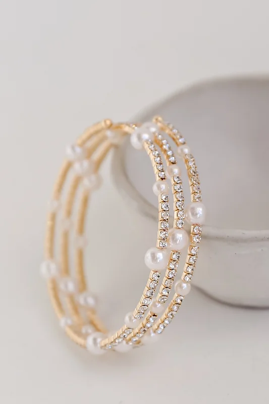 women’s multi-chain bracelet-FINAL SALE - Claire Gold Pearl + Rhinestone Bracelet Set