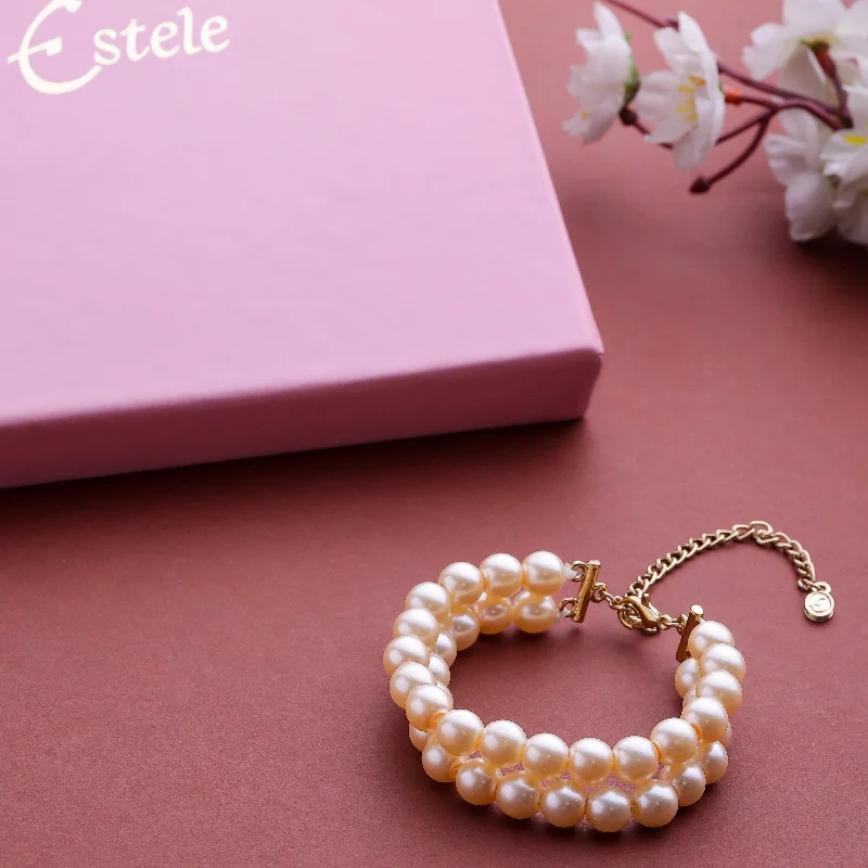 bracelet with inspiring quote for her-Estele Gold Plated - Creamy Pearl double line Bracelet