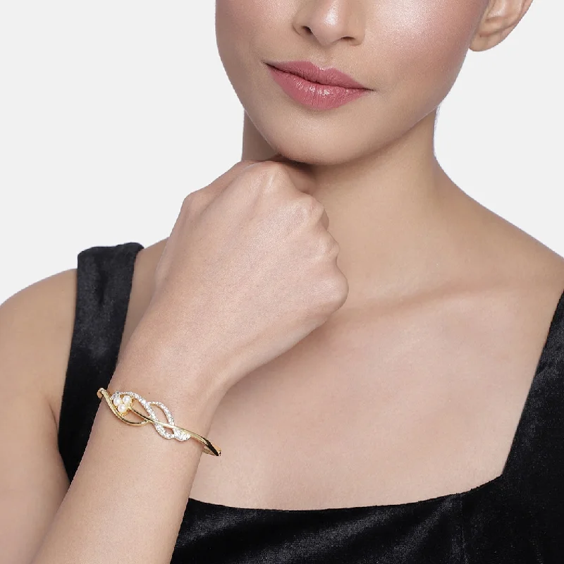 silver bracelet with infinity charm-Estele Gold and Silver Plated Pearl 3 Petal Crystal Wave Cuff Bracelet for women