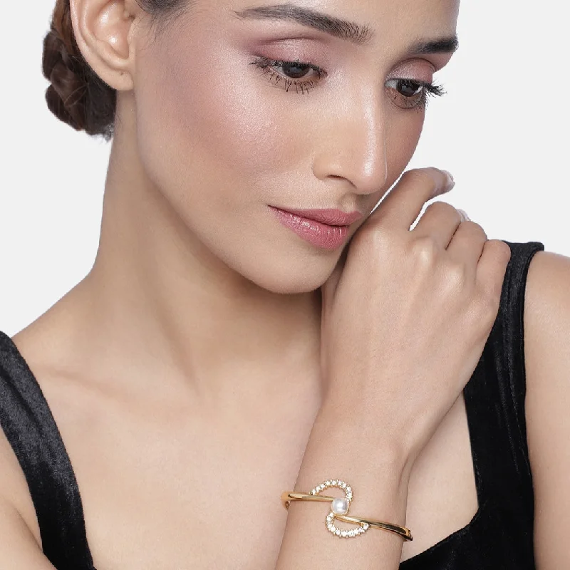 unique charm bracelet for her-Estele Gold Plated Pearl Wheel Cuff Bracelet for women