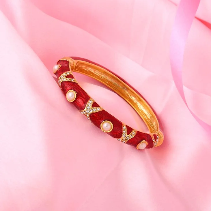 couple’s matching charm bracelets-Estele Gold Plated Red Enamel Pearl Studded Cuff Bracelet for women