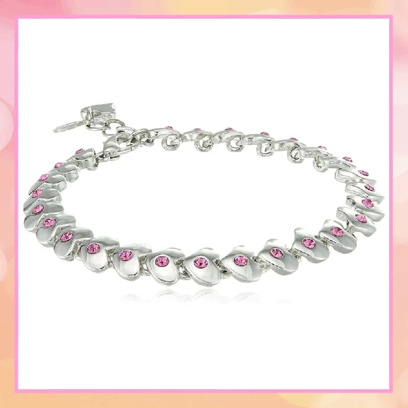 minimalist bracelet for men with engraving-Estele Rhodium Plated Pink Crystal Heart Mile Tennis Bracelet for women