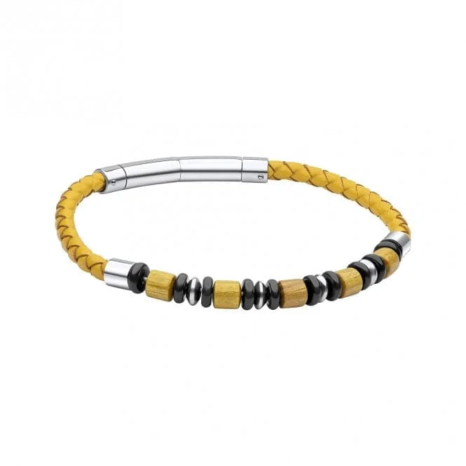 multi-layered beaded bracelet for women-Stainless Steel Mustard Yellow Leather Bracelet With Wood and Black Onyx Beads Bracelet B5462