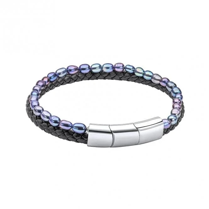 personalized cuff bracelet for women-Stainless Steel Peacock Freshwater Pearl And Black Leather Bracelet B5453