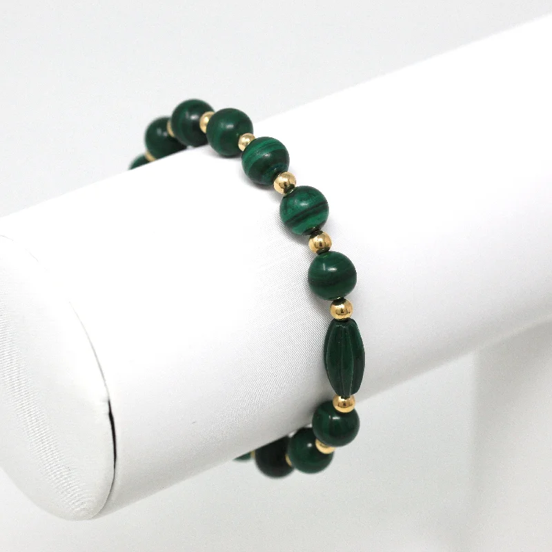 handmade leather bracelet with crystal charm-Sale - Genuine Malachite Bracelet - Vintage 12k Gold Filled Beaded Style Spherical Banded Green Gemstones - Retro 1970s Round Gem Jewelry