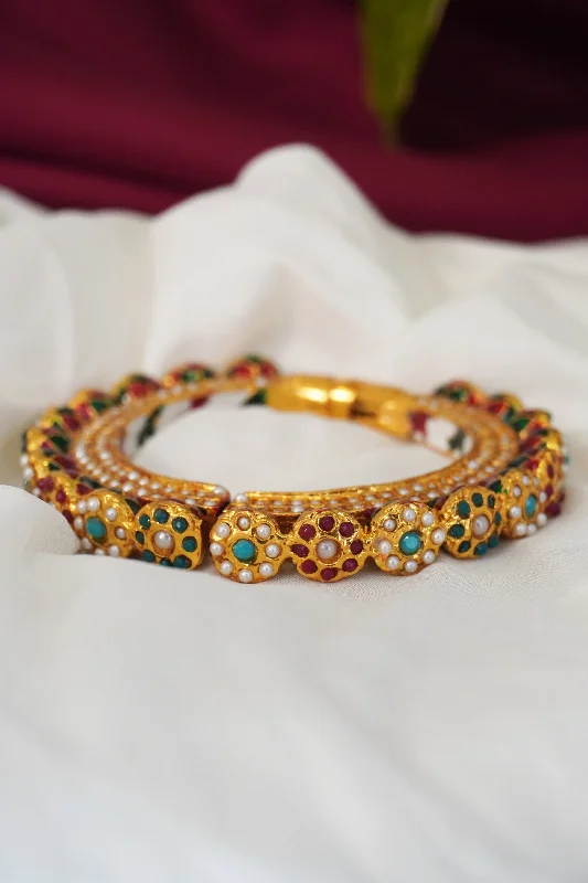 simple leather bracelet with adjustable clasp-Gold Plated Multi-Stone Pacheli Openable Kada/Bangle