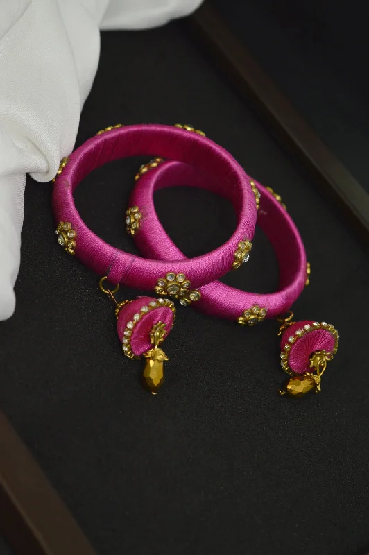 engraved leather bracelet with birthstone-Magenta Pink Thread Bangle Pair