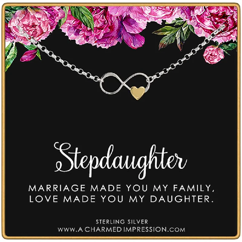 gemstone charm bracelet for healing energy-Stepdaughter Gifts for Girls Women • Stepdaughter bracelet • Silver Bracelet • Stepdaughter Gift from Mom Dad • Stepmom Stepdad • Infinite Love • Infinity Gold Heart • Gifts for Step Daughter