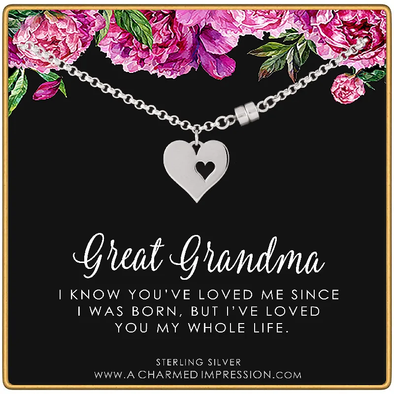 gemstone bracelet with sterling silver clasp-Sterling Silver Great Grandma Bracelet • Gifts from Grandson Granddaughter • Jewelry with Card • Two Hearts Charm Bracelet • Gifts for Women • Grandmother Bracelet • 7 Inch Bracelet • Magnetic Clasp