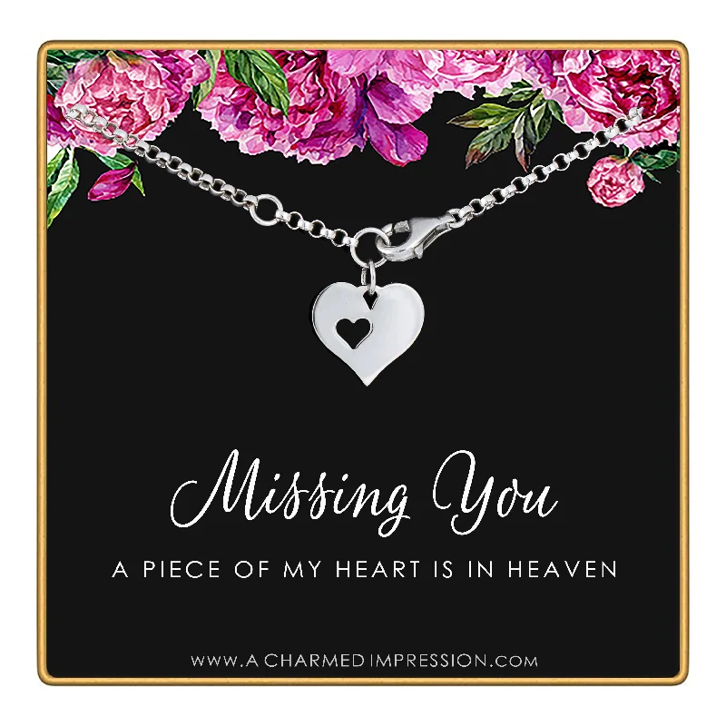 gold bracelet with heart-shaped pendant-Silver Remembrance Charm Bracelet • Missing You, A Piece of My Heart is in Heaven • Gift for Loss of Loved One