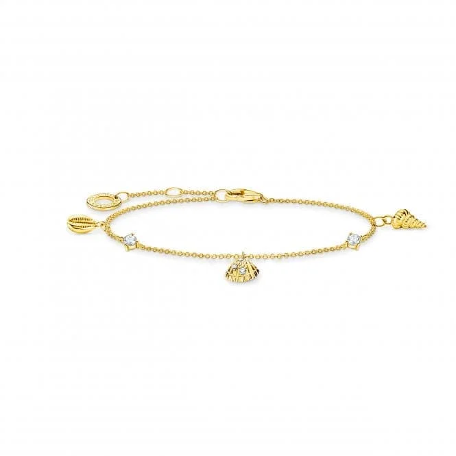 gold bracelet with engraved name-Charming Gold Plated Shells And White Stones Bracelet A2060-414-14-L19V