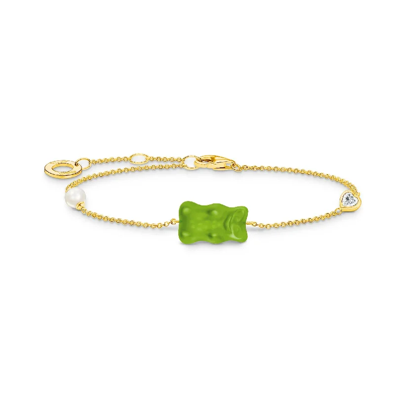 custom gemstone bracelet with initials-Sterling Silver HARIBO Green Gold Plated Freshwater Pearl Zirconia Goldbears Bracelet A2151-445-6-L19V