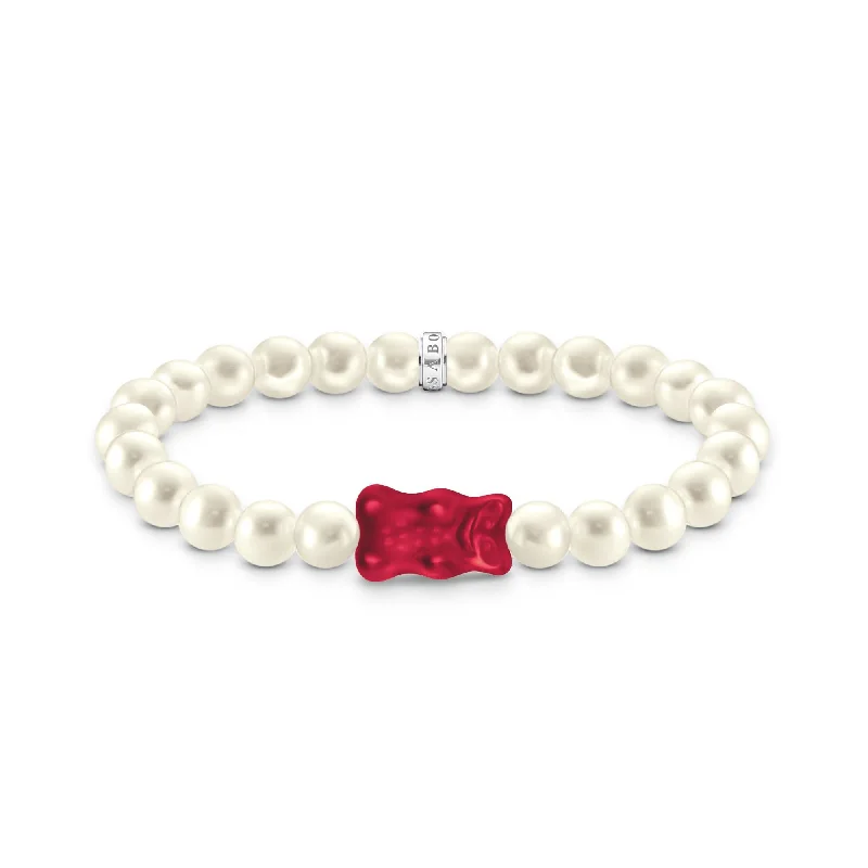 boho gemstone bracelet for women-Sterling Silver HARIBO Red Goldbears Pearl Bracelet A2154-017-10