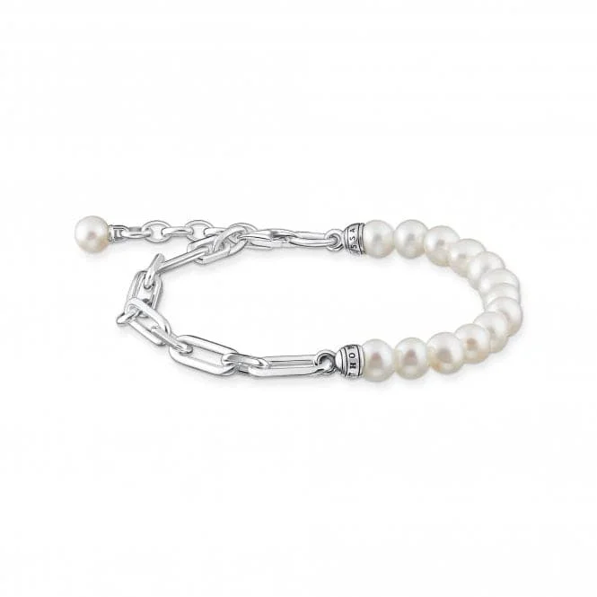 personalized cuff bracelet for women-Sterling Silver Pearls And Links Bracelet A2031-167-14