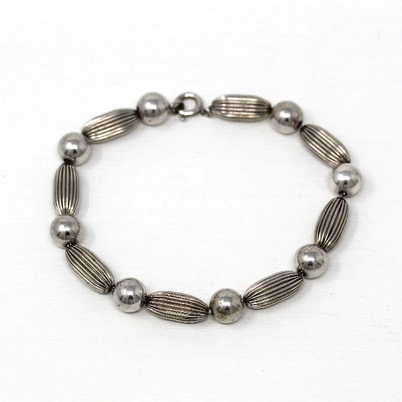 stackable silver bracelets for women-Sale - Vintage Bead Bracelet - Retro Sterling Silver Round Tube Beads Beaded Spring Ring Clasp - Circa 1960s Era Fashion Accessory Jewelry