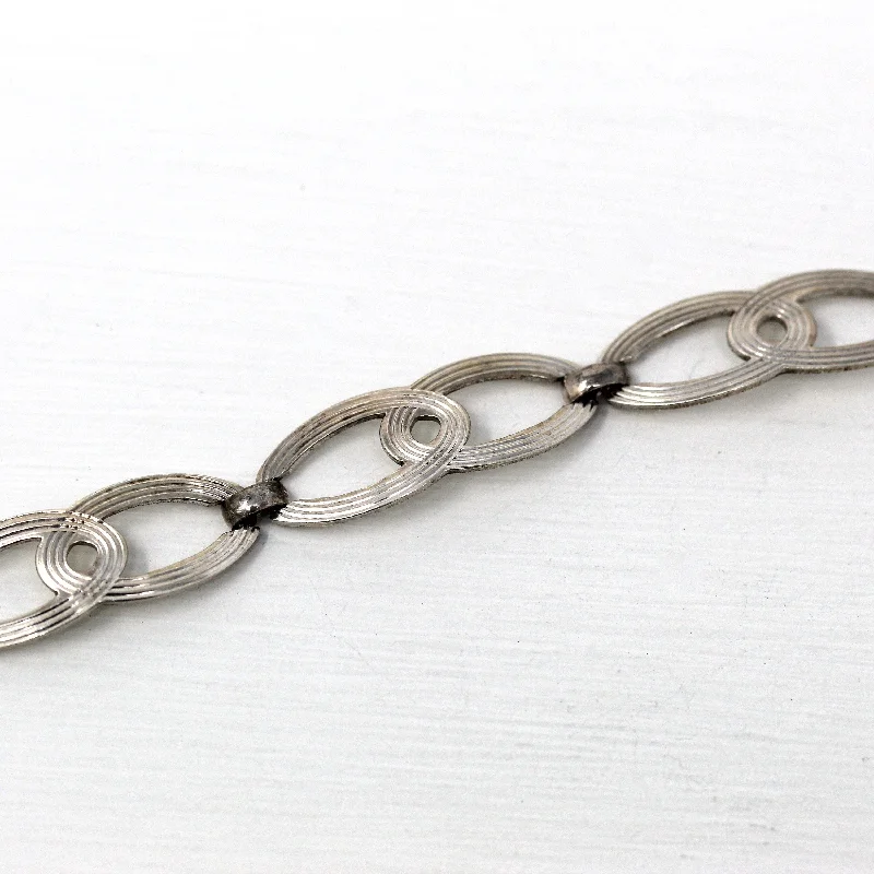 friendship bracelet with initials-Sale - Vintage Panel Bracelet - Retro Sterling Silver Interlocking Ovals Fashion Accessory - Circa 1940s Era 7 3/4 Inches Statement Jewelry