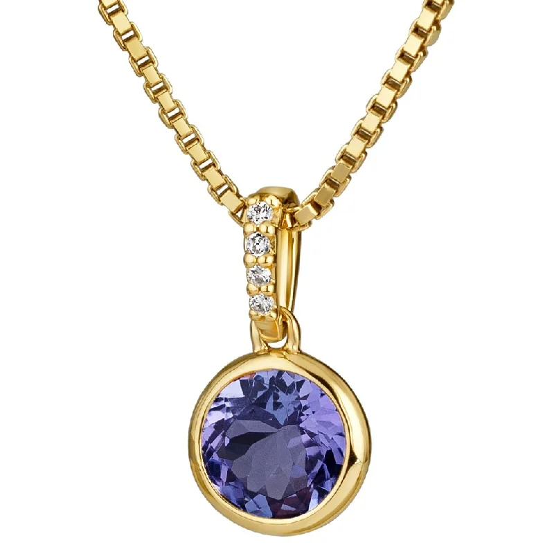 women’s geometric necklace -1.50 ct Round Natural Tanzanite and Diamond Pendant 14k Yellow Gold