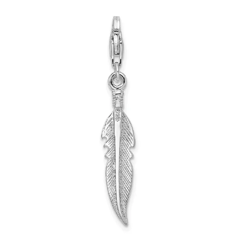 moon and star pendant necklace -Diamond2Deal 925 Sterling Silver 3-D Polished Feather Lobster Clasp Pendant (L- 45 mm, W- 6 mm)