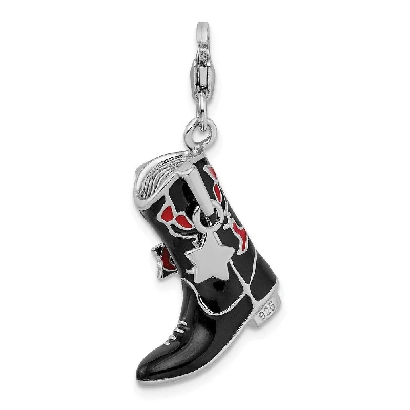 personalized gemstone pendant -Diamond2Deal 925 Sterling Silver Black Red Enameled Cowboy Boot Lobster Clasp Pendant (L- 44 mm, W- 18 mm)