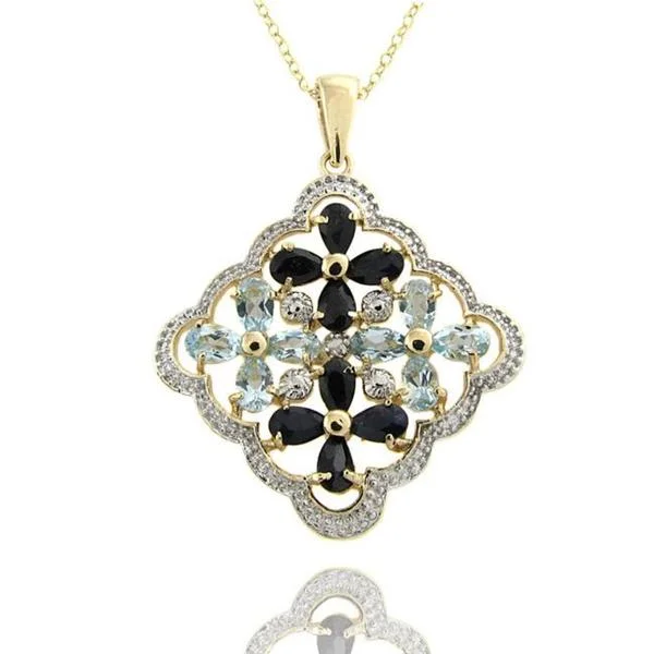 layered gold pendant necklace -Dolce Giavonna 18k Gold over Silver Sapphire, Blue Topaz and Diamond Flower Necklace