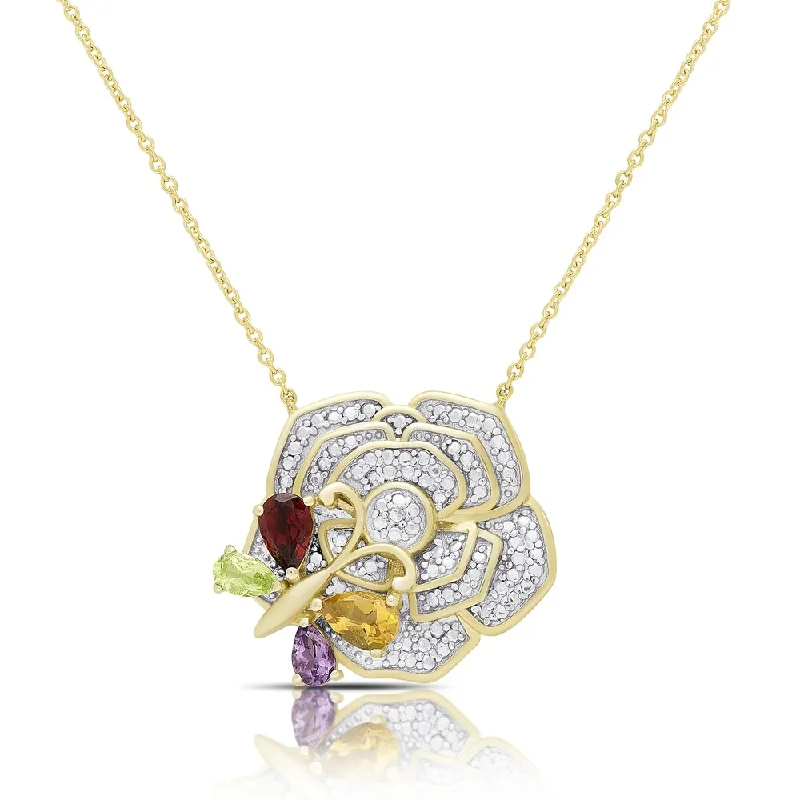 boho charm pendant necklace -Dolce Giavonna Gold Over Silver Gemstone and Diamond Accent Butterfly on a Flower Necklace