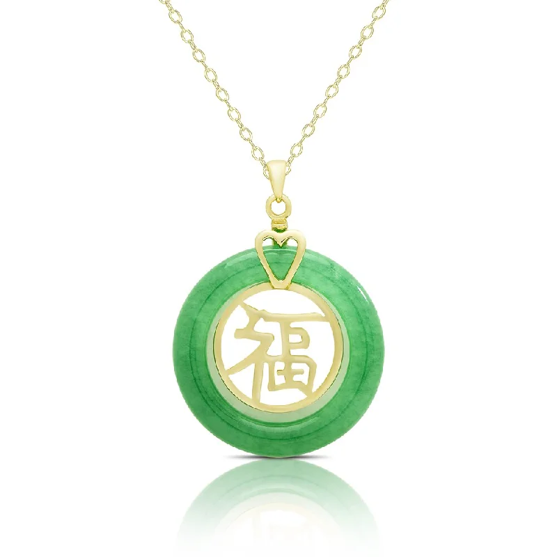 gold custom name necklace -Dolce Giavonna Gold Over Sterling Silver Dyed Green Jade 'Good Luck' Circle Necklace