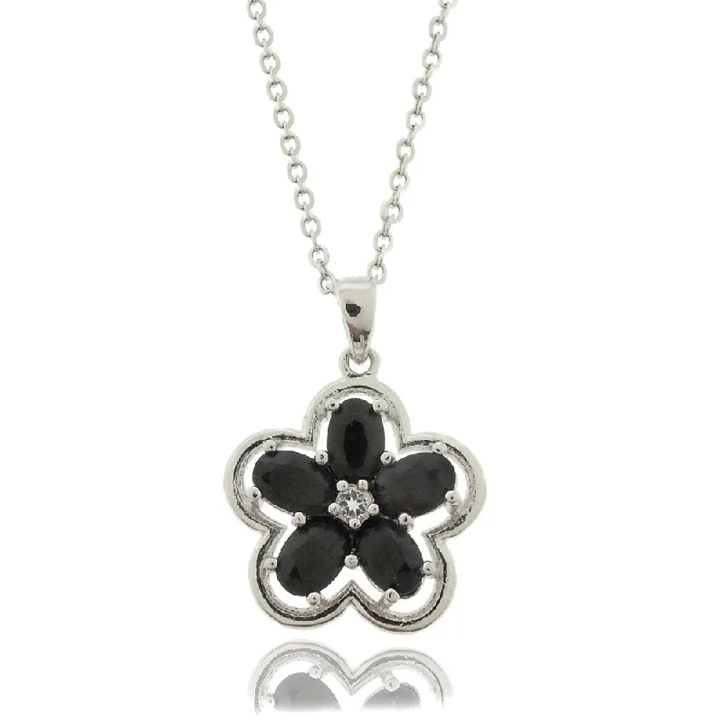 minimalist jewelry necklace -Dolce Giavonna Silver Overlay Black Sapphire and White Topaz Flower Necklace