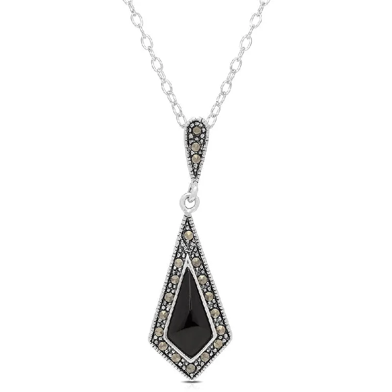 vintage gemstone necklace -Dolce Giavonna Silverplated Black Onyx and Marcasite Necklace