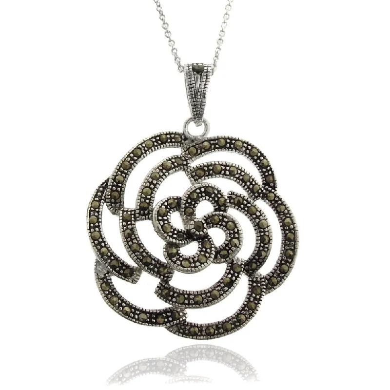 engraved bar necklace silver -Dolce Giavonna Silverplated Marcasite Rose Necklace