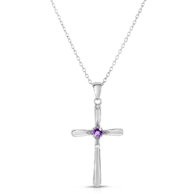 engraved bar necklace silver -Dolce Giavonna Sterling Silver Amethyst and Diamond Accent Cross Necklace (I-J, I2-I3)