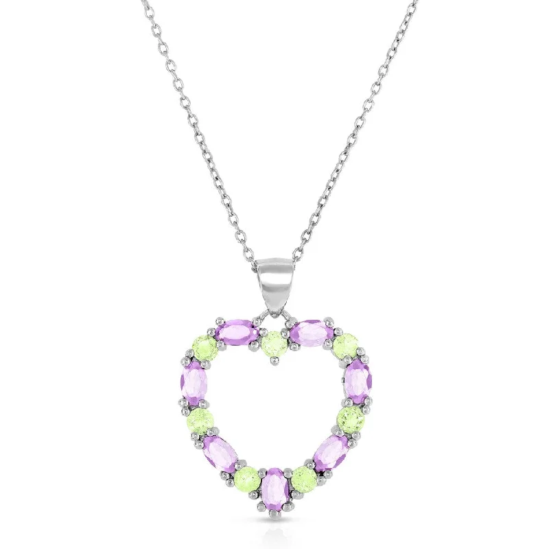 birthstone necklace gold -Dolce Giavonna Sterling Silver Amethyst and Peridot Heart Necklace