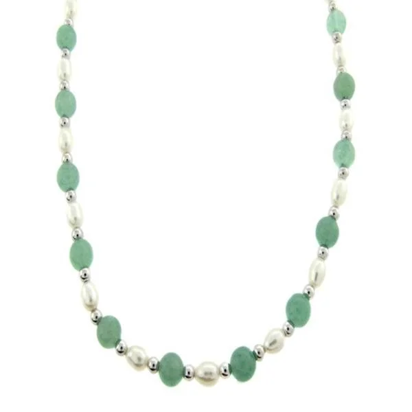 minimalist necklace for women -Dolce Giavonna Sterling Silver Aventurine and Freshwater Pearl Necklace (4-5 mm)