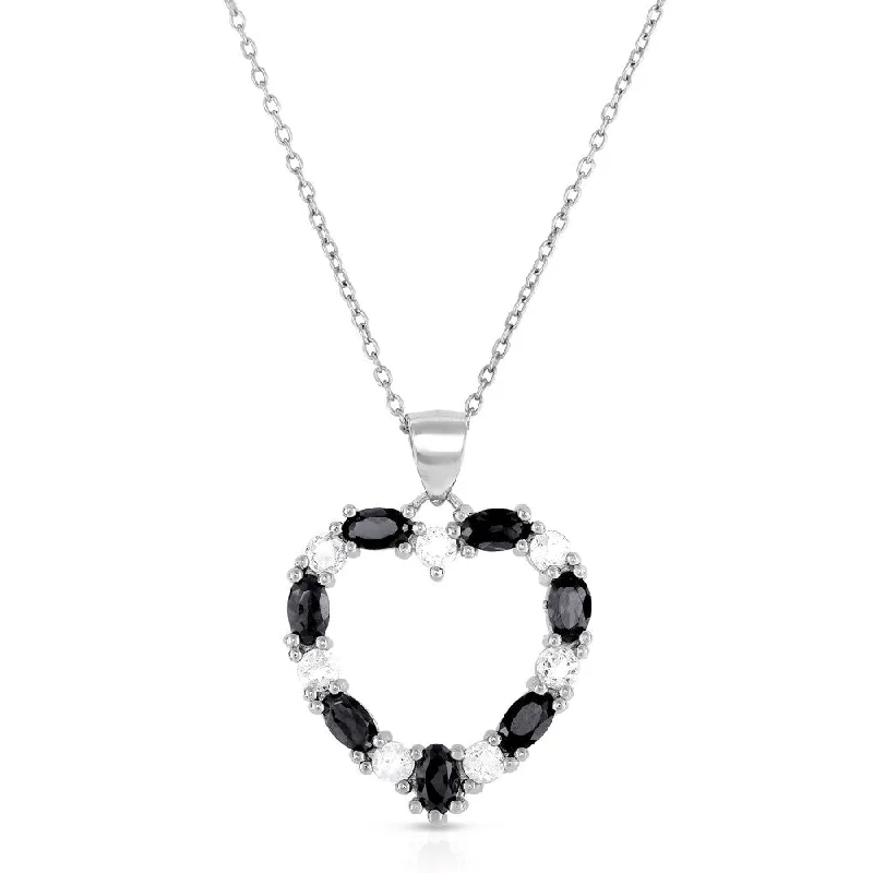 black gemstone pendant necklace -Dolce Giavonna Sterling Silver Black Spinel and White Topaz Heart Necklace