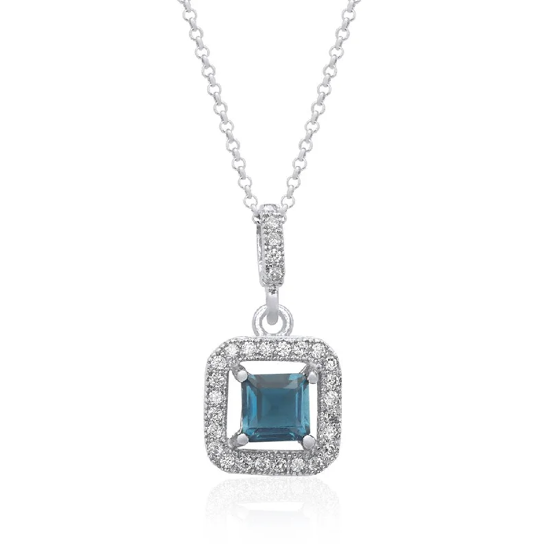 celestial star necklace -Dolce Giavonna Sterling Silver London Blue Topaz and Cubic Zirconia Square Necklace