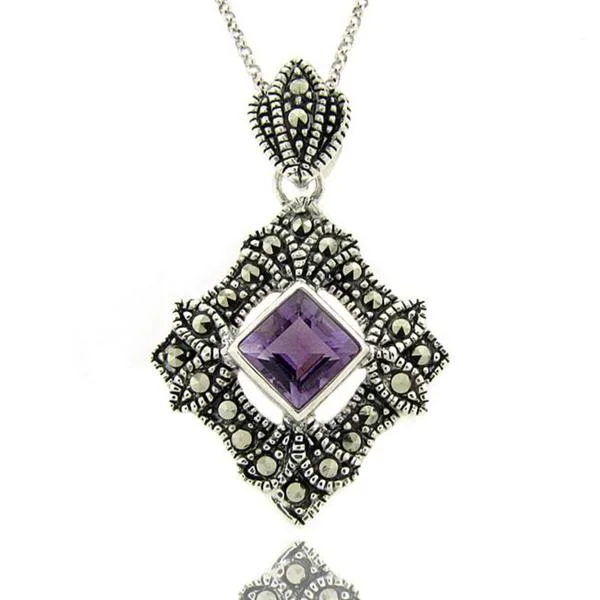 long gold necklace pendant -Dolce Giavonna Sterling Silver Marcasite and Amethyst Square Necklace