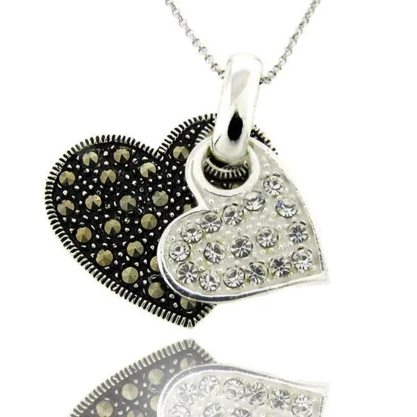 silver coin pendant necklace -Dolce Giavonna Sterling Silver Marcasite and Cubic Zirconia Heart Necklace