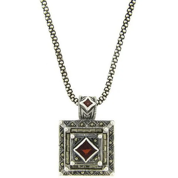 diamond pendant necklace silver -Dolce Giavonna Sterling Silver Marcasite and Garnet Square Necklace