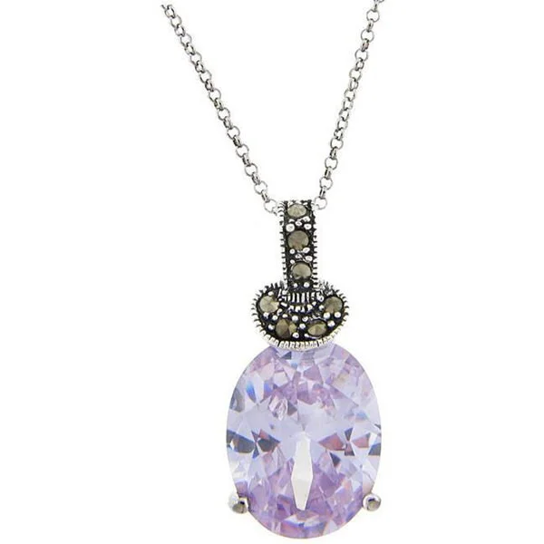 layered silver heart necklace -Dolce Giavonna Sterling Silver Marcasite and Lavender Cubic Zirconia Necklace