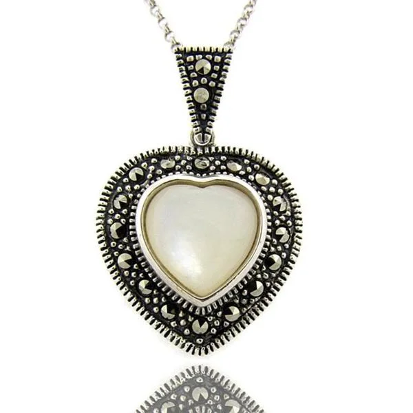 personalized gemstone pendant -Dolce Giavonna Sterling Silver Marcasite and Mother of Pearl Heart Necklace