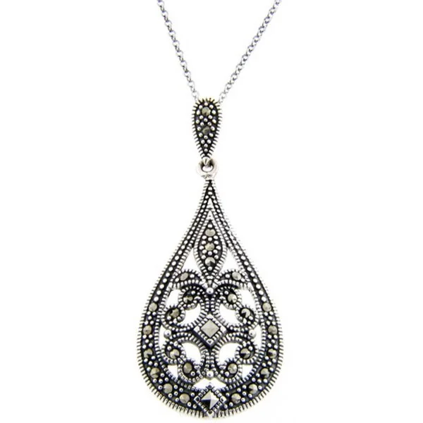 engraving necklace with name -Dolce Giavonna Sterling Silver Marcasite Filigree Art DecoTeardrop Necklace