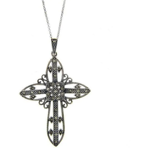 pendant necklace for men -Dolce Giavonna Sterling Silver Marcasite Large Cross Necklace