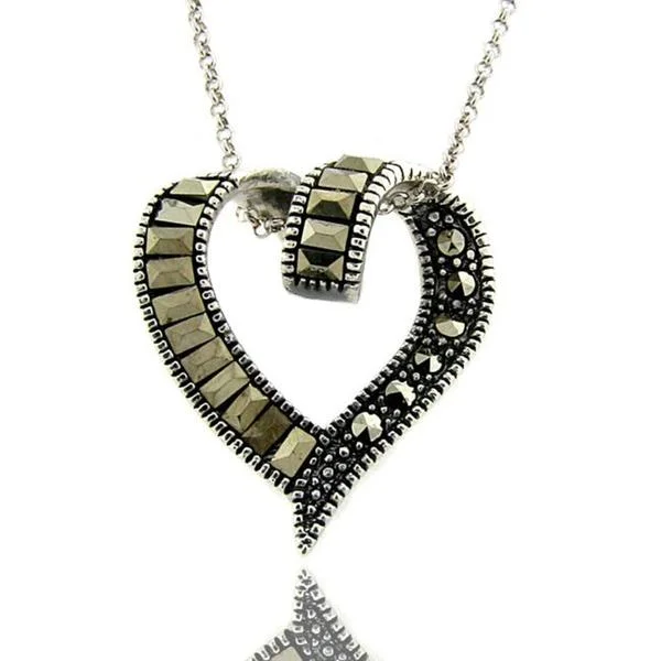 diamond crystal necklace -Dolce Giavonna Sterling Silver Marcasite Ribbon Heart Necklace