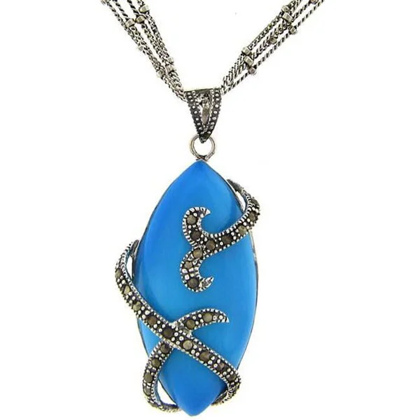 gold charm pendant necklace -Dolce Giavonna Sterling Silver Marcasite/ Synthetic Turquoise 4-strand Necklace