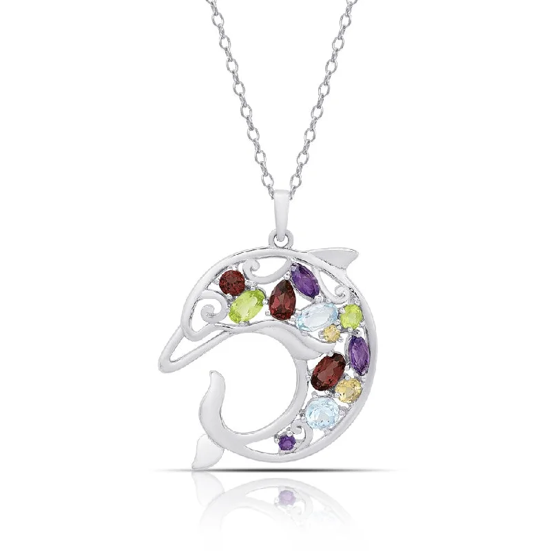 multi-layer necklace silver -Dolce Giavonna Sterling Silver Multi Gemstone Dolphin Necklace