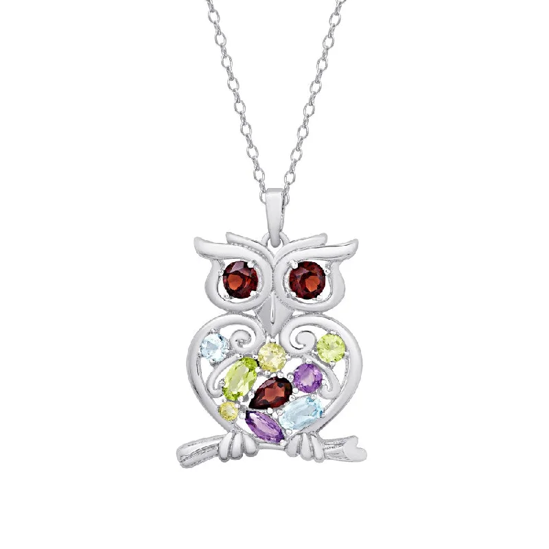 crystal birthstone necklace -Dolce Giavonna Sterling Silver Multi Gemstone Owl Necklace