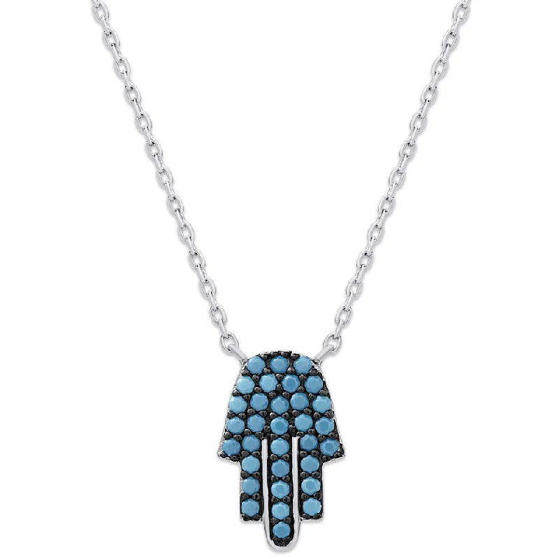 crystal pendant necklace silver -Dolce Giavonna Sterling Silver Simulated Nano Turquoise Hamsa Hand Necklace