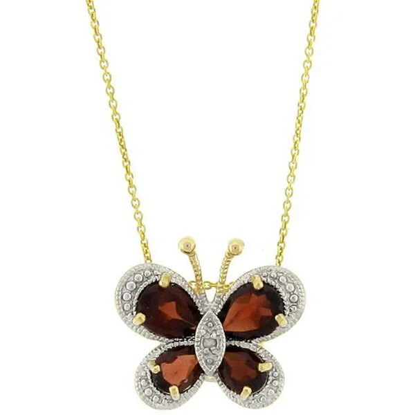 birthstone necklace gold -Dolce Giavonna Sterling Silver Two-tone Garnet/ Diamond Accent Butterfly Pendant