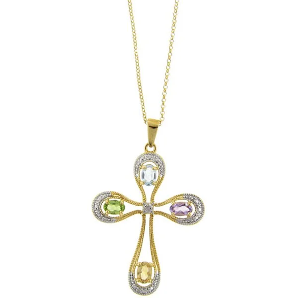 layered gold pendant necklace -Dolce Giavonna Two-tone Silver Multi-gemstone and Diamond Cross Pendant