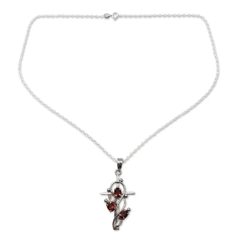 layered crystal necklace -Handmade Sterling Silver Sacred Trinity Garnet Necklace (India)